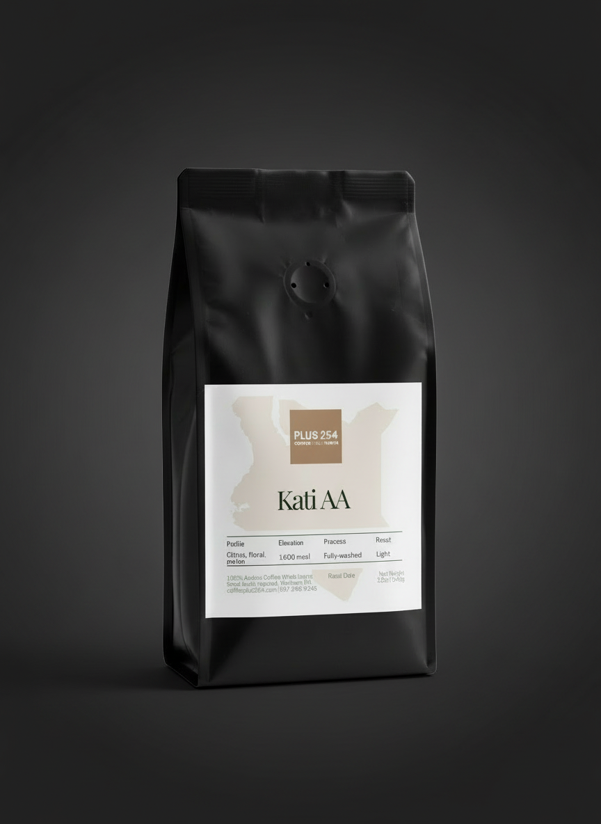 Black coffee bag with 'Kati AA' label on a white background