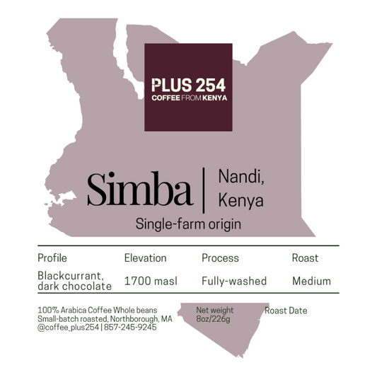 Coffee label for Simba from Nandi, Kenya with Plus 254 branding.