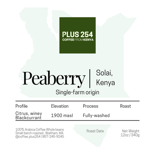 Coffee Plus 254 Coffee from Kenya Peaberry packaging with product details.