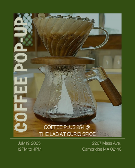 Pourover coffee brewing setup in background with words Coffee Pop-up in foreground and location details for pop-up