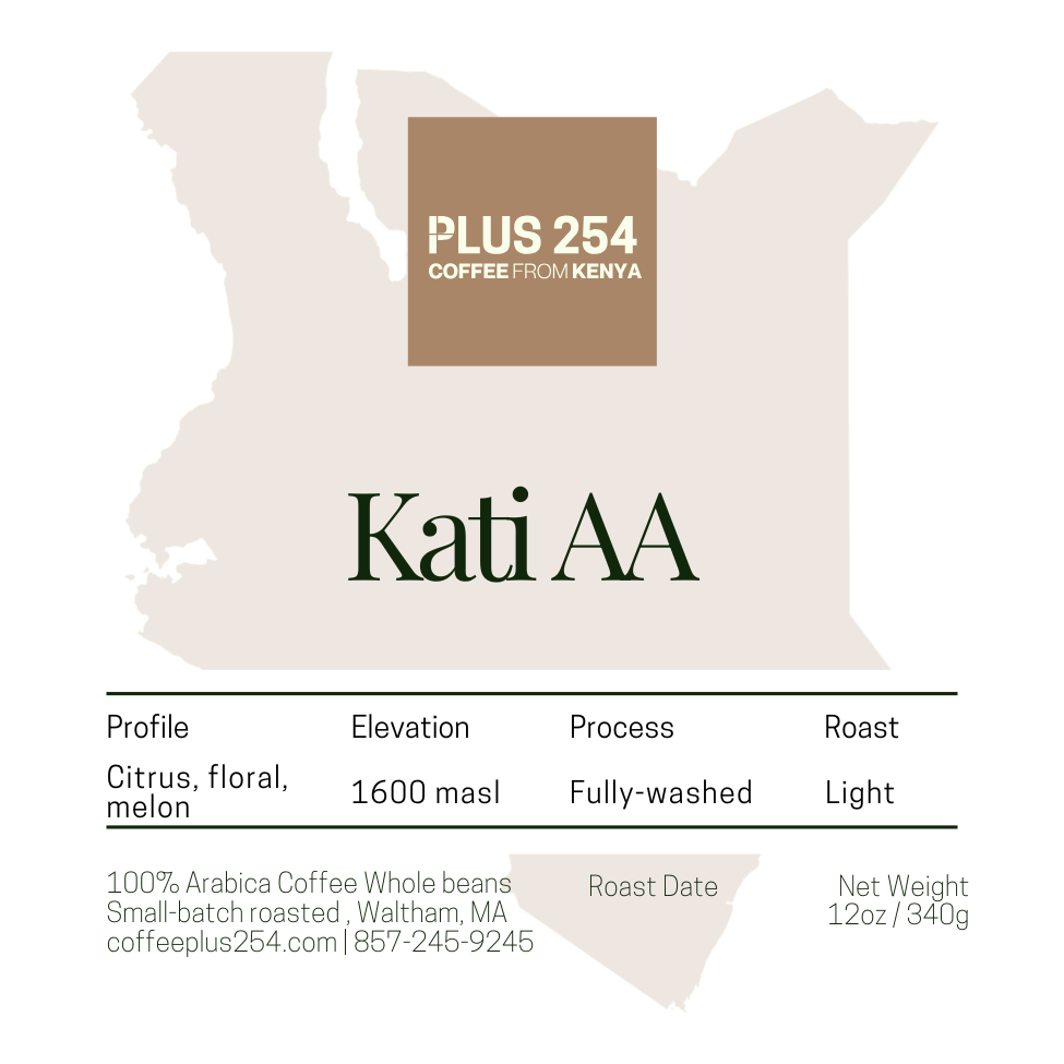 Coffee package labeled 'Plus 254 Coffee from Kenya' with details about the Kati AA specialty coffee from Central Kenya.
