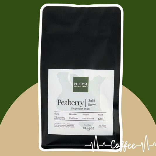 Black coffee bag with a label on a green and beige background