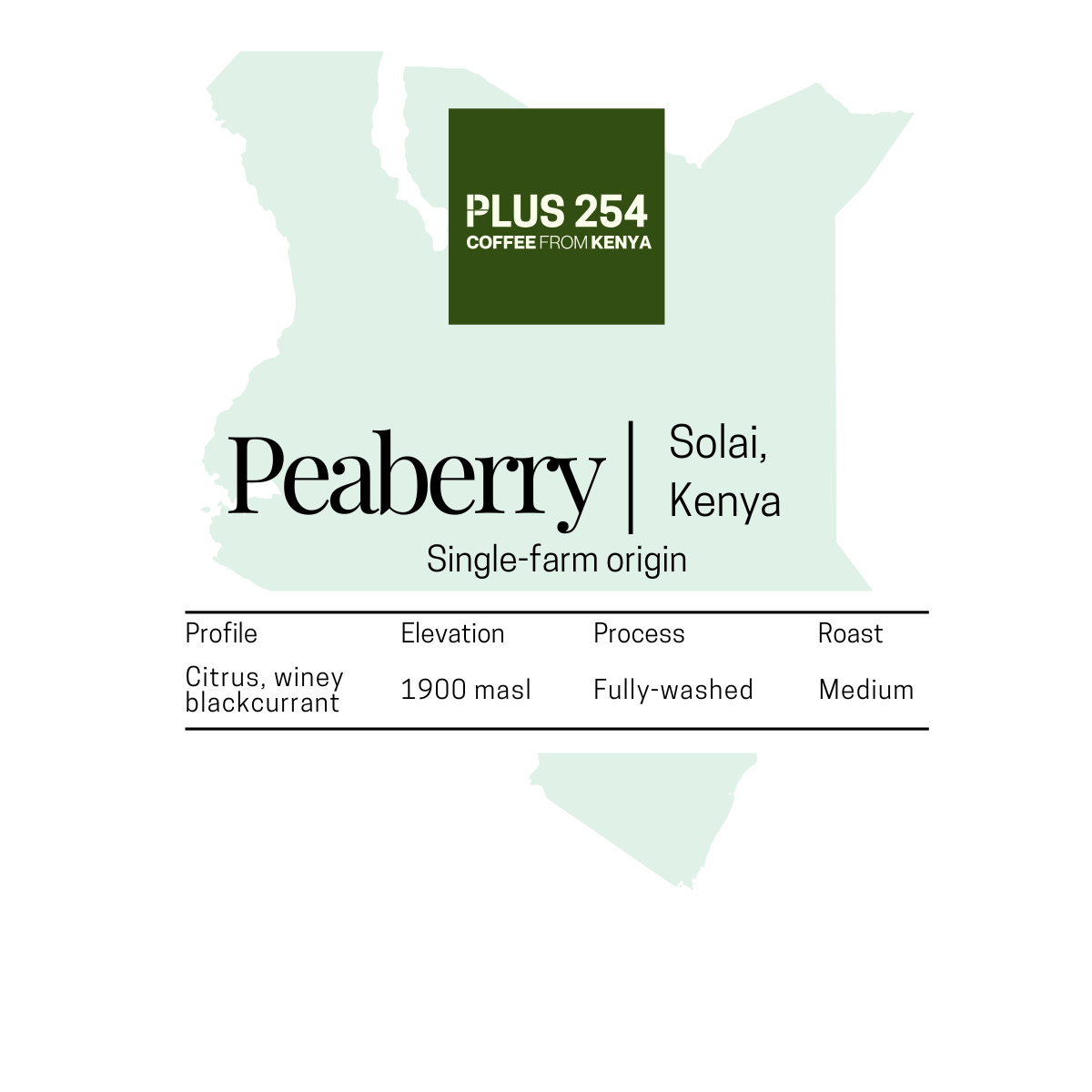 A product graphic for Peaberry coffee from Kenya, showing a pale green map silhouette of Kenya, a dark green square with the text 'PLUS 254 COFFEE FROM KENYA,' from 'Solai, Kenya,' and a small spec table below with profile, elevation, process, and roast.